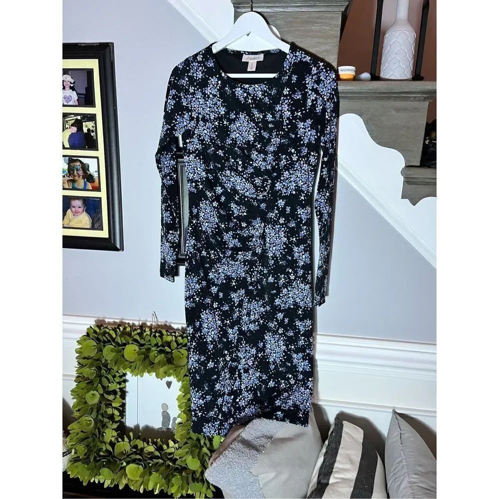 Motherhood Maternity Blue Floral Diagonal Ruffle Long Sleeve Dress sz S EUC